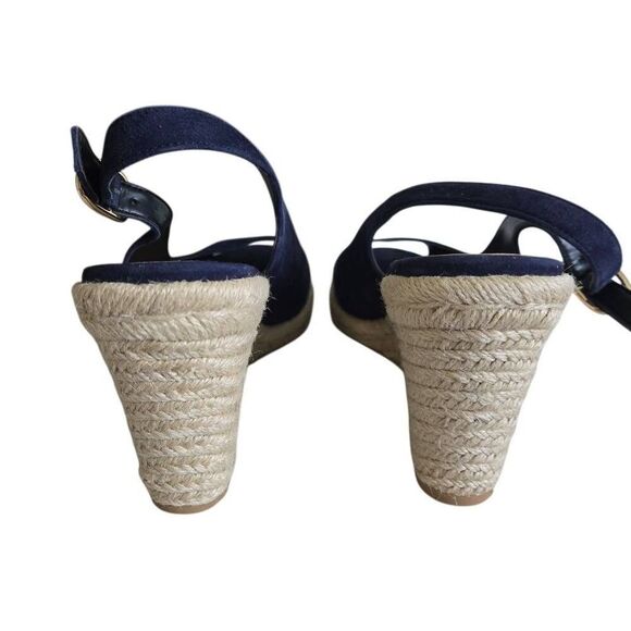 Stuart Weitzman Jean Blue Suede Slingback Cork Wedge Heel Sandal Size 8 - Picture 6 of 14